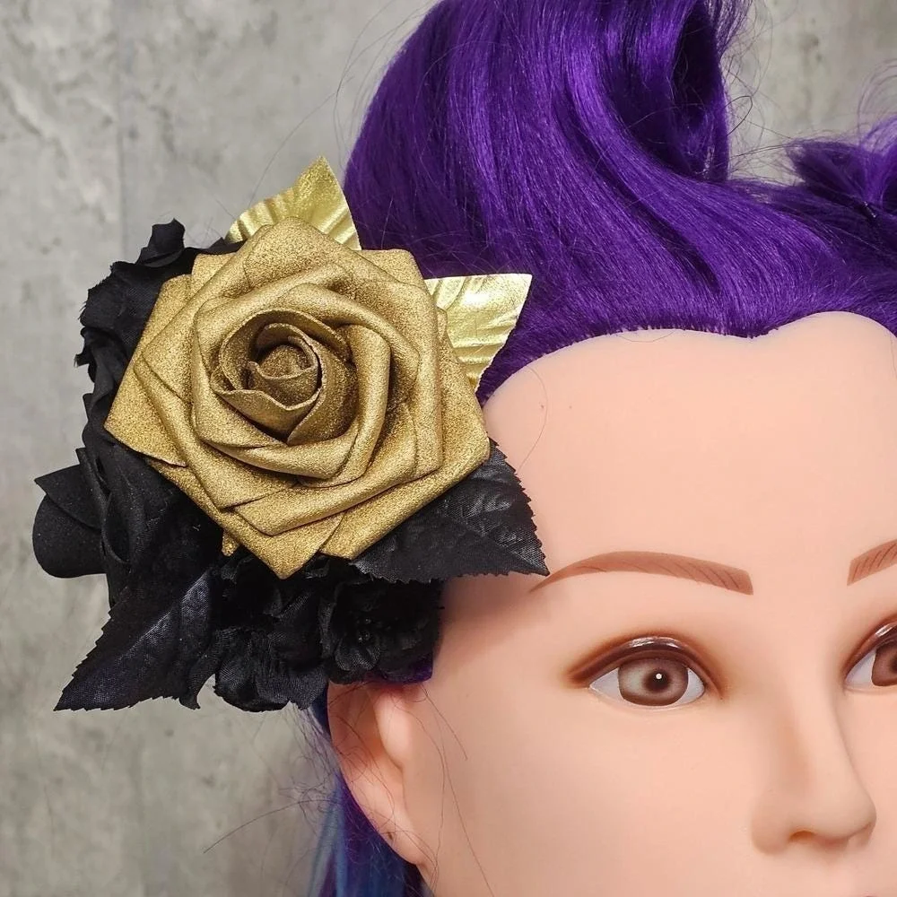 Handmade Black Gold‎ Rose Hair Clip Gothic Glam Floral Fascinator Rockabilly